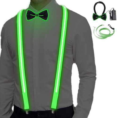LYPPUL LED Hosenträger Herren,Leuchtende Herren LED Hosenträger und Fliege 2 Stück,Verstellbare Light Up Krawatten Y-Form Leuchtende Hosenträger mit 3 Blitzmodi für Halloween Musikfestival Weihnachten