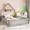 FEZTOY Kinderbett Hausbett 140x200cm, Bodenbett mit Geländer,Türen & Lattenrost, Funktionsbett, Holz Baumhausbett für Mädchen & Jungen, Grau, Ohne Matratze