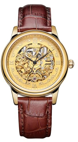 ROCOSJEWE R0106 Mechanische Herrenarmbanduhr mit Automatikwerk – Edle Skelettuhr in Goldoptik, braunes Lederarmband, wasserdichte Armbanduhr für Business & Freizeit