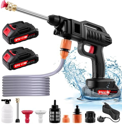 Cordless Pressure Washer,21V 1500W Portable Pressure Washer,60Bar/870 PSI High Power Washer Machine with 2 Battery,2 Nozzles,5m Hose Pressure Cleaner for Car/Floor/Garden Cleaning & Watering