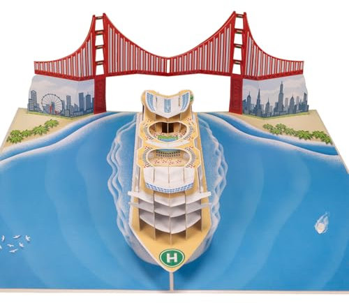 Sweetpopup® Pop-Up Karte Kreuzfahrt – 3D Schiff & Brücke – Edle Glückwunschkarte für Reisegutschein, Geldgeschenk, Urlaub, Hochzeitsreise, Ruhestand & Geburtstag – Premium Metallic Papier, 007b