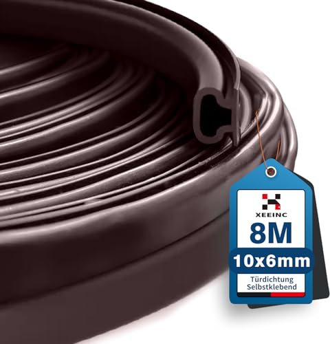 XEEINC 8m Guarnizione Porta Finestra, 10mm(L) X 6mm(P) Gomma Paraspifferi Guarnizione Adesiva per Finestre Porta Blindata, Isolamento Acustico, Anti-Collisione - Marrone