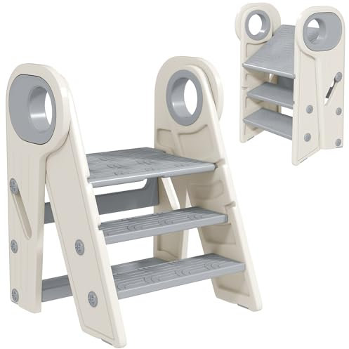 AIYAPLAY Taburete para Niños Plegable Torre de Aprendizaje Ajustable Escalera para Niños de 18-60 Meses Antideslizante para Baño Cocina Librería Dormitorio Gris y Blanco