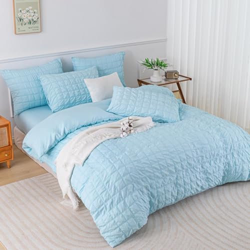 YASMENG Seersucker Bettwäsche 155x220 Blau Kariert Bettwäsche Seersucker Gitter Weich Atmungsaktiv Mikrofaser Bettwäsche Modern Bettbezug Set 3 Teilig mit Reißverschluss und 2 Kissenbezüge 80x80 cm