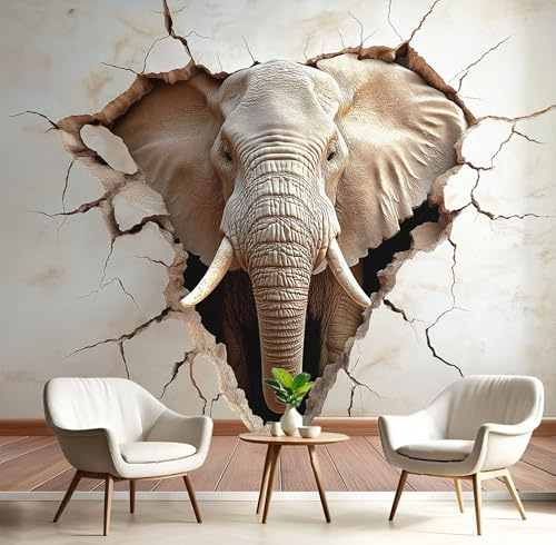 CECE&COLE Papier Peint Animaux Mignons Papier Peint Papier, Papier Peint Panoramique Trou Dans Le Mur 3D éLéPhant, 250×175 CM (W×H) Murale, Chambre Tv Mur Salon Papier Peint