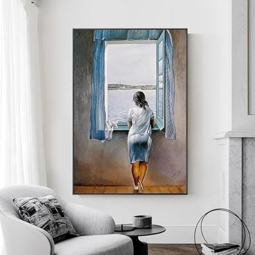 JACBON Leinwanddruck, Poster, Mädchen am Fenster, Gemälde, Salvador Dali, Wandkunst, Frau, Meerblau, Bild für Wohnzimmer, Heimdekoration, 60 x 80 cm (24 x 31 Zoll), rahmenlos