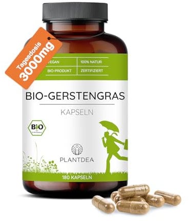 Bio Gerstengras Kapseln I 3000mg Tagesdosis I 180 Gerstengras-Kapseln hochdosiert I laborgeprüft I Bio Gerstengras Pulver I veganes Gerstengras-Präparat I Ohne Zusätze I PlantDEA