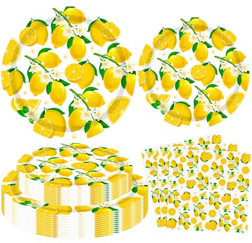 LWYGEGJO 60 Pack Lemon Party Decorations Lemonade Themed Birthday Party Supplies Yellow Lemons Themed Tableware- Plate Napkins for Lemonade Theme Birthday Wedding Shower Supplies Serves 20