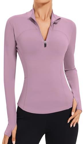 IECCP Gym Tops for Women UK Quick-Dry Long Sleeve Sports Shirt 1/4 Zip Lightweight Athletic Activewear with Thumb Holes Fit Running Tee Shirts Pink Purple M