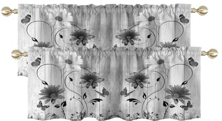 AAtter Küchen-Volant-Vorhang für Fenster, weiße Blume, rustikal, Vintage, Schmetterling, abstrakte Blätter, klein, kurz, Zuhause, Wohnzimmer, Schlafzimmer, Badezimmer, Vorhangstoff, 2 Stück, 132,1 x