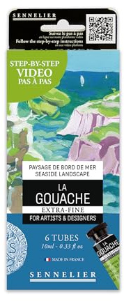 Sennelier Coffret Gouache Extra-Fine – 6 Tubes 10ml – Peinture Ultra-Mate Opaque – Kit Créatif avec Tutoriel Vidéo QR Code – Fabriqué en France (Bord De Mer)