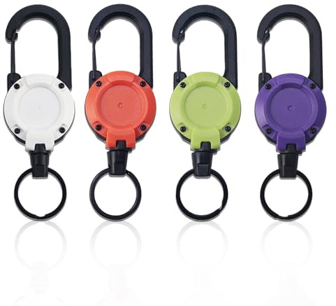 FOSDICK 4 Pezzi Portachiavi Retrattile Allungabile con Cavo Acciaio 64cm, Porta Badge Retrattile, Portabadge Estensibile con Moschettone per Carte di Identità, Chiavi, Ufficio e All’aperto