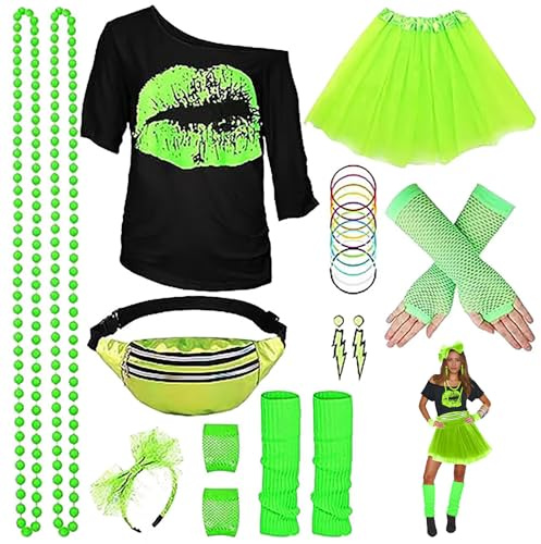 Faschingskostüme Damen 80er Jahre Outfit Damen-Neon Party Outfit, Inklusive T-Shirt,Stirnband,BeinwäRmer,Armband,Haarband, Halskette,Armband,Brille und Ohrringe für Die Karnevals-Neon-Party