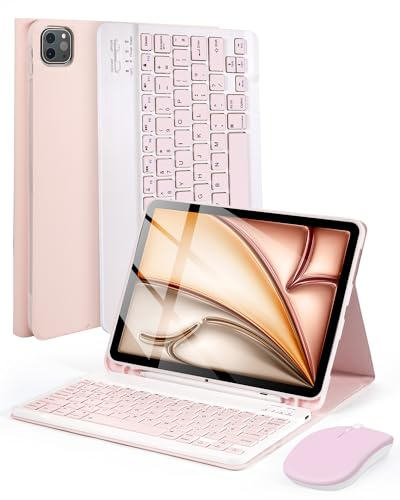 kantaj iPad Case with Keyboard Mouse for iPad Air 11 M4/M3/M2 & Pro 11'' | Magnetic Detachable Keyboard, Case with Pencil Holder for iPad 10.9'' Air 5th/4th Pro 4th/3rd/2nd/1st Gen, UK Layout, Pink
