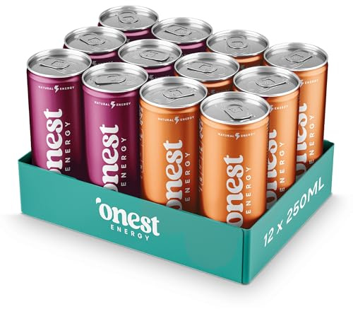 Onest Energy - Natural Energy Drink Mixed Pack, 6 x Apple Berry & 6 x Tropical Peach - 80mg Natural Caffeine, B Vitamins & Magnesium Citrate, Only 27kcal Per Can - 12 x 250ml