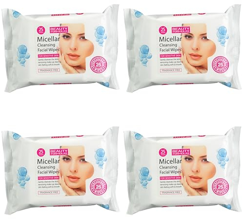 Micellar Cleansing Facial Wipes 4 Pack - 4 x 25 Biodegradable Wipes - Gentle, Fragrance-Free Makeup Remover for Sensitive Skin (100 Wipes)