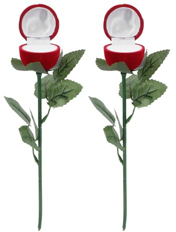 AMUSLESUR Lot de 2 Boîtes à Alliances de Rose Rouge Tiges et Feuilles, Écrins pour Bagues de Mariage, Présent Original Saint-Valentin et Cérémonie