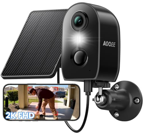 AOQEE 2K Solar Security Camera Outdoor Wireless - CCTV Camera Outdoor, Y8 | Color Night Vision, Battery Operated, PIR Human Detection, TF Card Storage, IP65 Waterproof, Real-time Alert, 2.4GHz WiFi