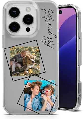 AIGAT Personalisierte Geometrische Foto-Collage Handyhülle für iPhone mit Name/Text – 2 Bilder Custom Design Slim Clear TPU Stoßfeste Hülle für iPhone 17, 16, 15, 14, 13, 12, 11 Pro Max & Plus