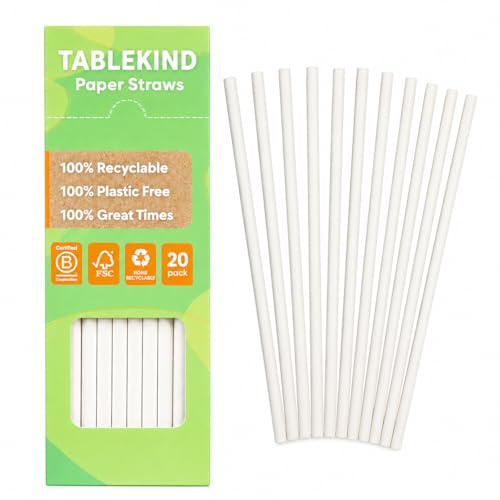 TABLEKIND Paper Straws 20 Pack, Plastic Free Disposable Drinking Straws, Recyclable Eco Friendly Party Straws for Cocktails, Smoothies, Birthdays & Events