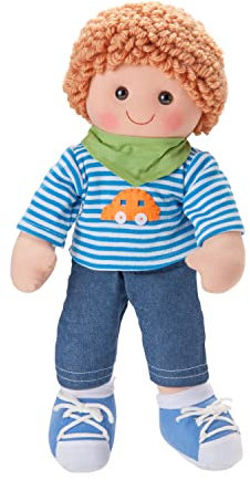 Heless 701 - Stoffpuppe Junge Leo mit Jeans, Streifenshirt und Halstuch, ca. 42 cm große Weichpuppe zum Kuscheln, Spielen und Liebhaben