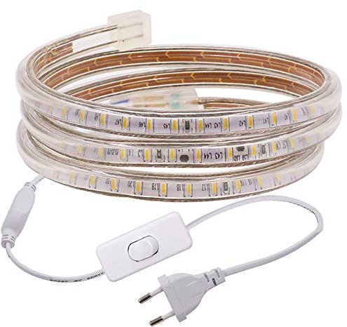 XUNATA 1m 220V Tiras LED con Interruptor, SMD 3014 120LEDs/m, IP67 Impermeable, Escalera de Techo Blancas Tira de LED Cocina Cable Luces LED Blanco calido