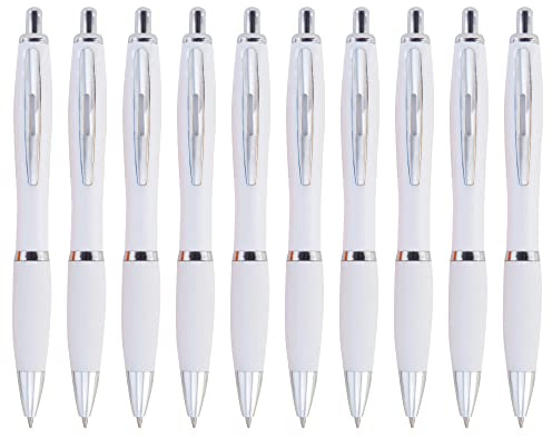 eBuyGB Pack of 10 Ballpoint Pens Blue Ink Retractable Push Button Pen Promotional Gift, White