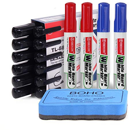 A ANGG Whiteboard-Marker 16 Stück Geruchsarm Dickes Whiteboard Trockenwischmarker und Radiergummi für Schule, Büro und Zuhause Schwarz Blau Rot 3 Farben