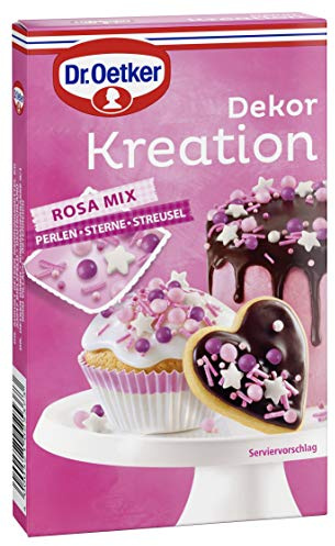 Dr. Oetker Dekor Kreation Rosa Mix, 60 g, Sterne, Streusel & Perlen in Weiß-, Lila- und Rosatönen, zum Verzieren von Plätzchen, Torten & Desserts, Dekor-Mix aus Zuckermasse