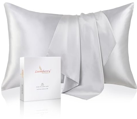 LOOMBERRY 100% Natural 22 Momme Pure Mulberry Silk Pillowcase for Hair and Skin Both Sides 22 Momme Highest Grade 6A with Hidden Zipper (Silver, Standard (50x66CM))