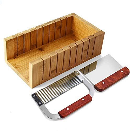 POFET Ensemble de coupe-savon, outil de moule en bois pour la fabrication de savon, kit de coupe de pain, kit de coupe de barre avec trancheuse droite et ondulée en acier inoxydable