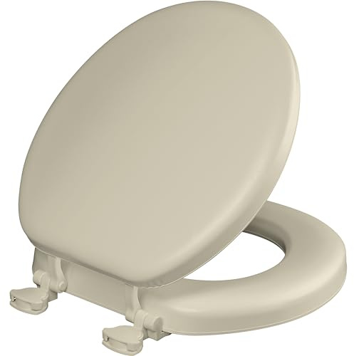 Mayfair Padded Toilet Seat, Cushioned Soft Vinyl over Wood Core Seat, Secure Hinges, Easy Clean, Made in USA, Round, Bone