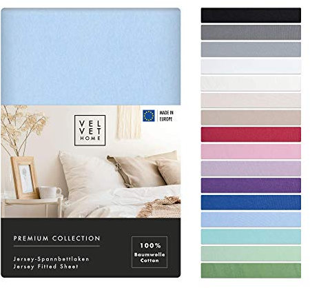 VelvetHome Spannbettlaken 160x200cm 100% gekämmte Baumwolle Made in EU Jersey Bettlaken 160x200 bis 25 cm Matratzenhöhe Spannbetttuch 160x200 Premium Qualität Schönen Farben Hell-blau 160 x 200
