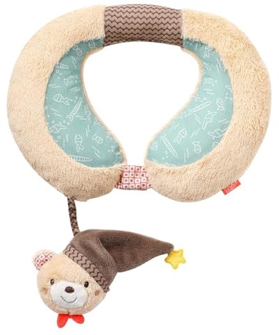Fehn 060645 Nackenstütze Bär - Nackenkissen mit kleinem Rassel-Tier – Ergonomische Form des Nackenhörnchens stützt, entlastet und bietet sicheren Halt in Auto, Babyschale oder Kinderwagen