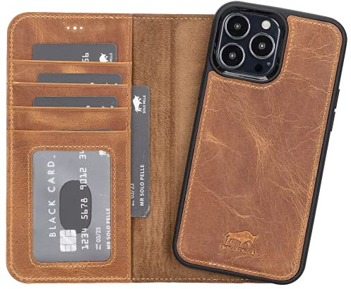Solo Pelle Lederhülle kompatibel für iPhone 13 Pro Max in 6.7 Zoll abnehmbare Hülle (2in1) inkl. Kartenfächer für das original Apple iPhone 13 Pro Max (Camel Braun)