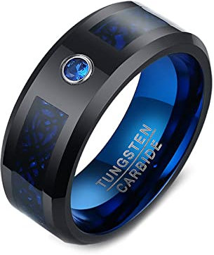 Dsnyu Eheringe Schwarz Wolfram, Carbon Trauringe 8MM Freundschaftsringe Herren mit Blau Zirkonia Männer Ring Gravur 60 (19.1)
