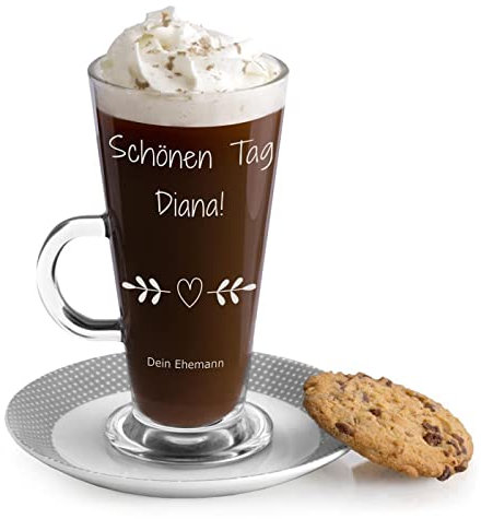 Maverton Latte Macchiato Glas mit Gravur - 360 ml - Cappuccino Tasse mit Henkel - Trinkglas für Kaffee - Kaffeezubehör - Kaffeeglas für Frauen - zum Geburtstag - personalisiert - Schönen Tag