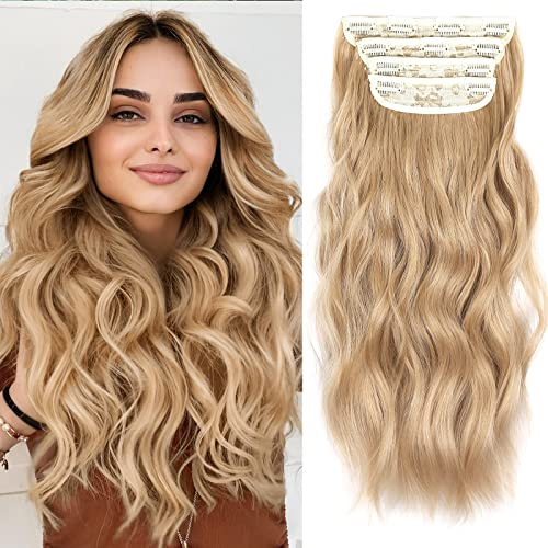 Blonde Clip in Hair Extension, 20 Inches Long Wavy Synthetic Hair Extensions Clip in for Women and Girls (T26/18#, 4Pcs)