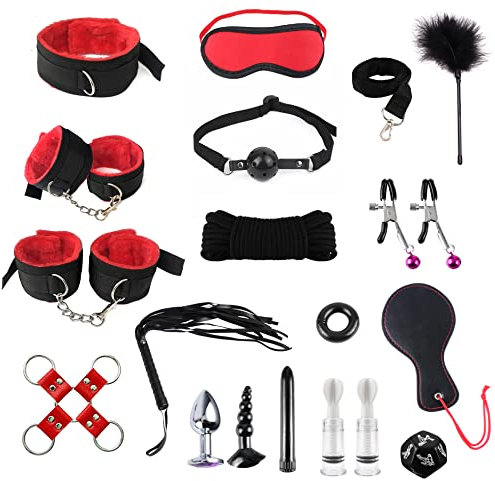 Fesselset Extrem Sex BDSM Fesseln Sex Set Handschellen Sex Augenbinde Peitsche Nippelklemmen Knebel 17 Stück Erotik SM Sexspielzeug für Paare Extremer Sex Liebhaber Einsteiger Schwarz Rot