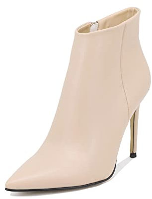 QUEEN HELENA Tronchetti Stivaletti Bassi Scarpe con Tacco a Spillo Bassi a Punta con Zip Laterale Casual Eleganti Invernali Donna K2013 (Beige, numeric_37)