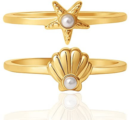 Disney The Little Mermaid Stapelbares Ring-Set Größe 7 - Seestern-Ring und Muschel-Ring - 18 Karat vergoldete Sterling-Silber Ringe für Frauen Sterling-Silber Perle, Sterling Silber, Perle