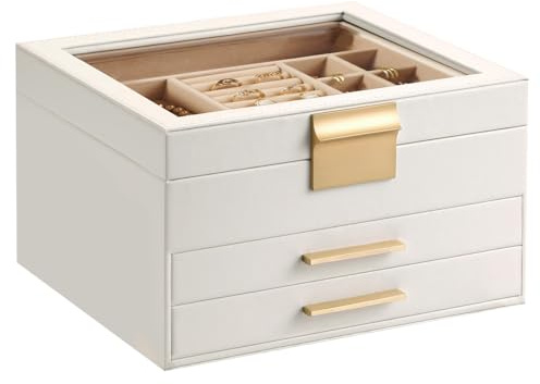 Somduy Joyero organizador para mujer, 3 capas de almacenamiento de joyas con tapa de cristal, regalo para Navidad, 3 cajones, gran capacidad para collares, aretes, pulseras, anillos, color blanco