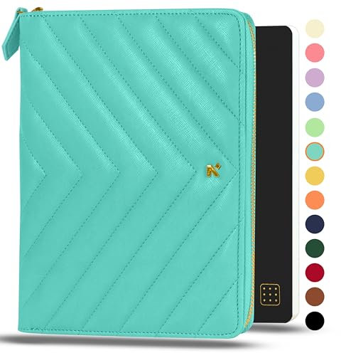 NEORAH — A5 Notebook SLEEVE with Compendium + Dotgrid JOURNAL | Faux Leather Sleeve + Penloop | 2 Front 1 Back compartment | 6 Card Slots | Gold toned YKK Metallic Zip around closure –TEAL