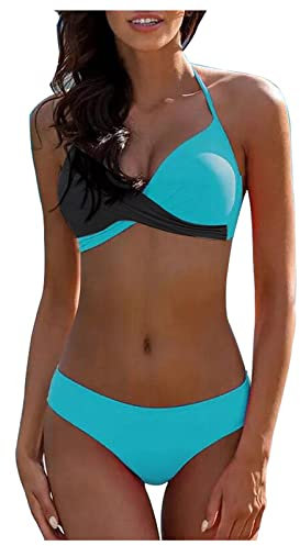 RMBLYfeiye Bikini High Waist Monokini Bodyshape Damen Body Bikini Push Up V-Ausschnitt Einfarbiges Spaghetti Bikini Set Triangel Bikini Neckholder Zweiteiliger Badeanzug String Bikini (Blau, XL)