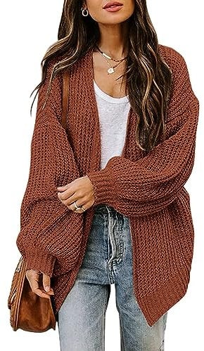 Jhsnjnr Women's Cardigans Long Lantern Sleeve Sweater with Pocket Open Front Chunky Knit Outwear