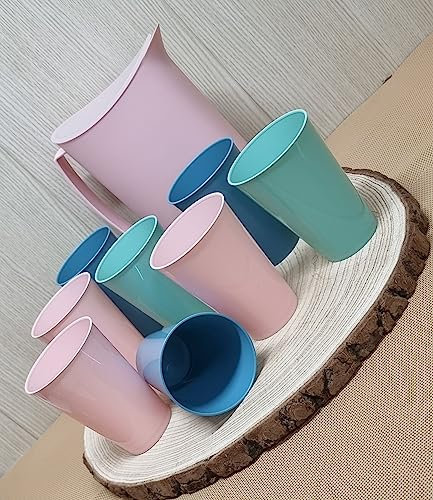 Pack 8 vasos de 450ml de colores y 1 jarra de 2l de agua plastico reutilizable libre de BPA/inastillable, Duro, vajilla, Tazas, Copas, Vaso, niños, Infantiles, de Agua, cóctel, Fiesta