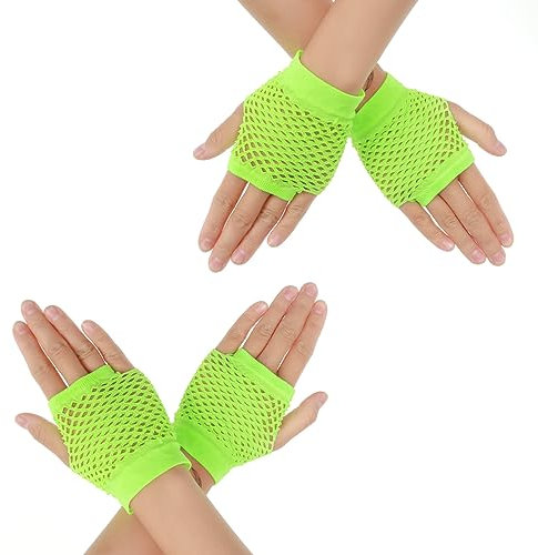 2 Paar Fingerlose Netzhandschuhe Damen Kurze Stretch Mesh Handschuhe Retro Nylon Fischnetz Handschuhe für 80er Jahre Mottoparty Halloween Cosplay Damen Kostümzubehör Fishnet Gloves (Grün)