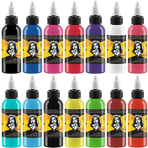 Tätowiertinte Set mit 14 professionellen Tattoo-Tinten – 30 ml/Flasche vollfarbige reine Pigmenttinte für Mikroskulptur, Make-up, Schönheit, Körperbemalung und Kunst