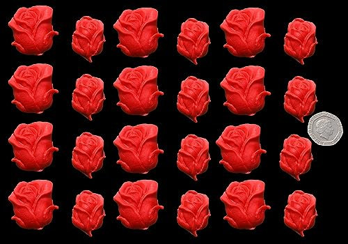 24 x Edible 3D 2 sizes of rose bud Flowers icing toppers, cake cupcakes decorations (Red)