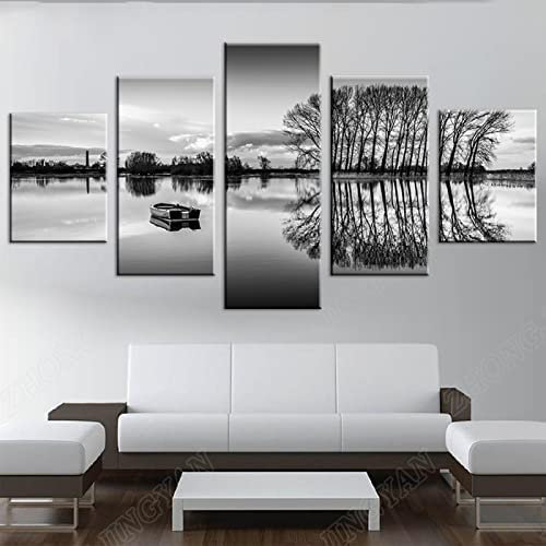 Leinwandmalerei Schwarz-Weiß-Boot See-Baum-Landschaft 5 Stück Wandkunst Malerei Tapeten Posterdruck Für Wohnzimmer Schlafzimmer Esszimmer Büro Kinderzimmer Wandbild Wohnkultur 100 X 50 Cm -9Q6Z+D6J-1N